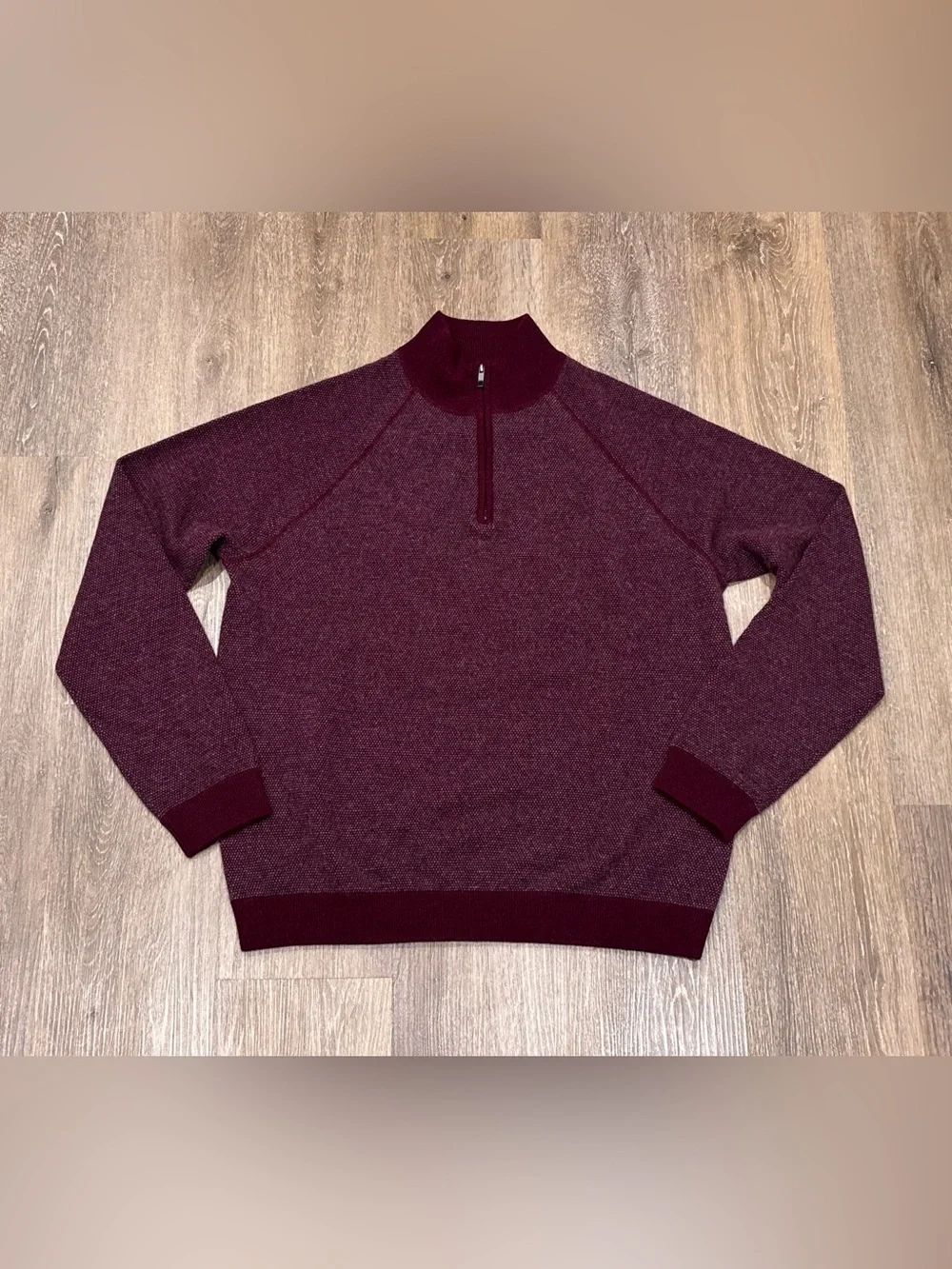 Saks Fifth Avenue Cashmere Quarter Zip Sweater Mens XL Burgundy Birdseye Knit